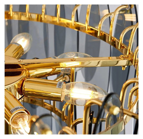Close-up view of six E14 sockets in the Next Level Modern Round Metal Glass Pendant Light with gold accents and frosted glass.