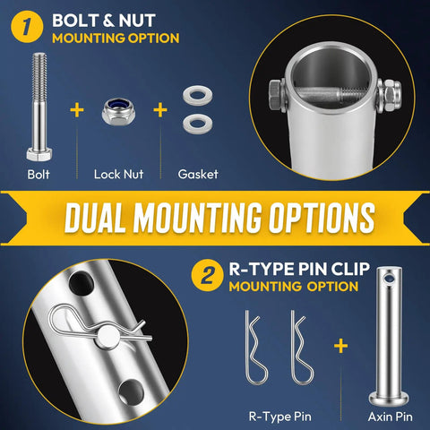 Dual mounting options for High Performance Trailer Jack Drill Adapter; includes bolt, nut, gasket, R-type pin, and axin pin.