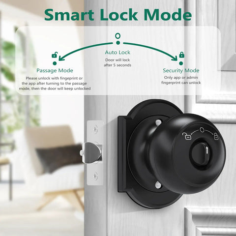 Smart fingerprint door lock demonstrating security modes with app and biometric features, ideal for keyless entry into bedrooms and offices.
