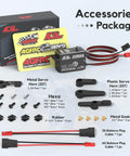 Beefy 34Kgcm High Torque RC Steering Servo Waterproof Low Profile for 1 to 10 Scale RC Cars shown with accessories and packaging.