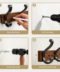 Installation steps for Solid Wood Wall Mounted Coat Rack With Five Heavy Duty Metal Hooks Holds Up To 25 Lbs Each.