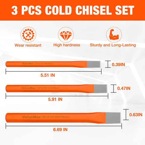 Heavy Duty Cold Chisel Set, Three Piece with Three Eighths Inch, One Half Inch and Five Eighths Inch Blades in Premium Cr V Steel