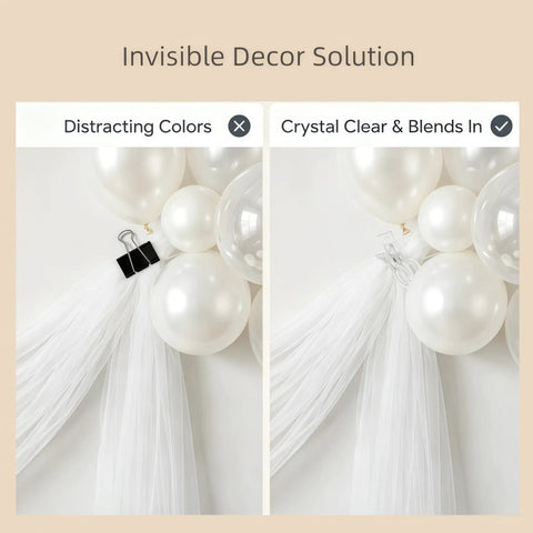 Ultimate Balloon Arch Kit With 6 Heavy Duty Clear Clamps And 100 Premium Long透明 Balloons For Epic Birthday Weddings And Party Decorations. Clear clamp holding white balloon arch on sheer drape