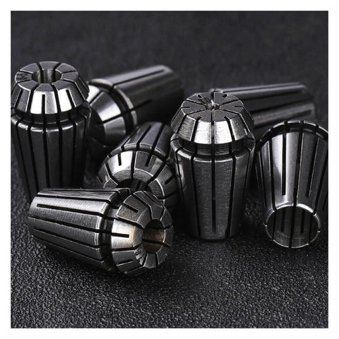 Get A Durable Spring Collet Set With Multiple Sizes Like Er8 And Er11 For Precision Work, high quality steel collets grouped together.
