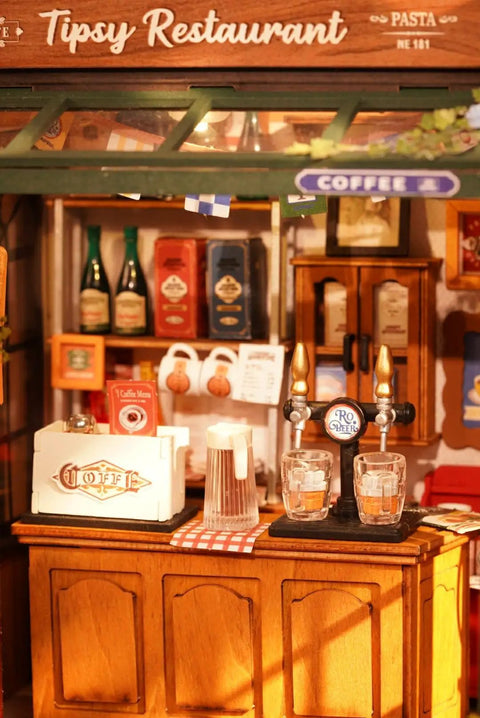 Charming Bistro Style Miniature House Kit With LED For Adults Beginners DIY Wooden Dollhouse Cozy Cafe Vibe Perfect Mother's Day Or Birthday Gift, detailed bar counter.