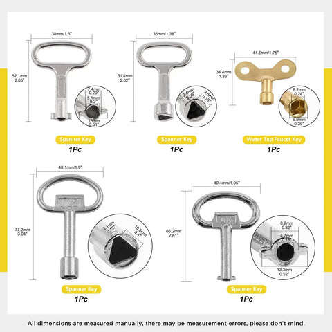 Thirteen Piece Utility Keys Kit For Plumbing And Home Use with spanner and water tap faucet keys dimensions diagram