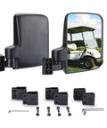 No Drilling Golf Cart Side Mirrors With Folding Design, view of mirror reflecting golf cart and hardware set, EZGO Club Car fit