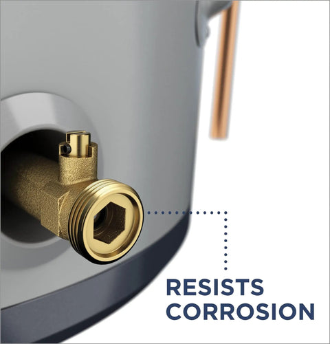 Close-up of brass fitting on a 50 Gallon Electric Water Heater With WiFi And SmartHQ App Control showing corrosion resistance.