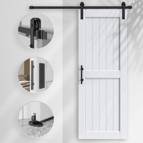 32 By 84 Inch White Barn Door With Five And A Half Foot Sliding Door Hardware Kit Included And Handle Solid Wood Covered With Waterproof PVC Surface Easy DIY Assembly And Install H Frame Fits Twenty Eight To Thirty Inch Wide Opening