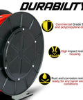 Retractable Air Hose Reel Workhorse with 3-8 Inch by 50 Feet Hybrid Polymer Hose, steel and polypropylene drum close-up