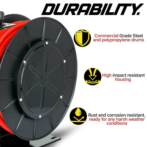 Retractable Air Hose Reel Workhorse with 3-8 Inch by 50 Feet Hybrid Polymer Hose, steel and polypropylene drum close-up