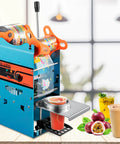 Heavy Duty Manual Boba Tea Cup Sealer Machine Built Like A Tank For Hustle Ready Cafes fits 90 mm cups with filled drinks on display.