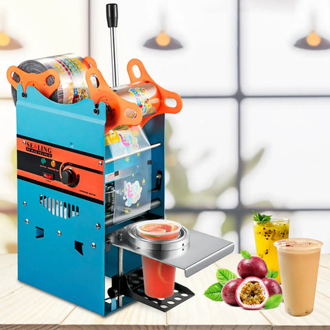 Heavy Duty Manual Boba Tea Cup Sealer Machine Built Like A Tank For Hustle Ready Cafes fits 90 mm cups with filled drinks on display.