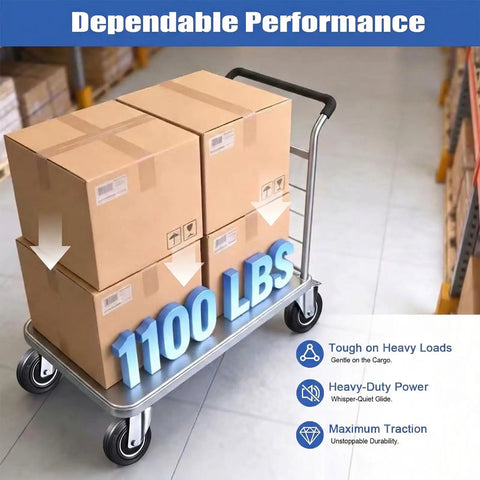 Five Inch Caster Wheels Set Of Four With Two Rigid And Two Swivel Heavy Duty Rubber Casters on a cart carrying 1100 lbs boxes.