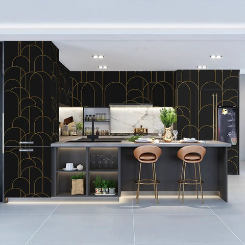Kitchen with Dope Black Geometric Peel And Stick Wallpaper Self Adhesive Removable Matte For Easy Home Decor And Furniture Renovation 17.71 Inch By 275 Inch Line Up Easily covering cabinets and walls