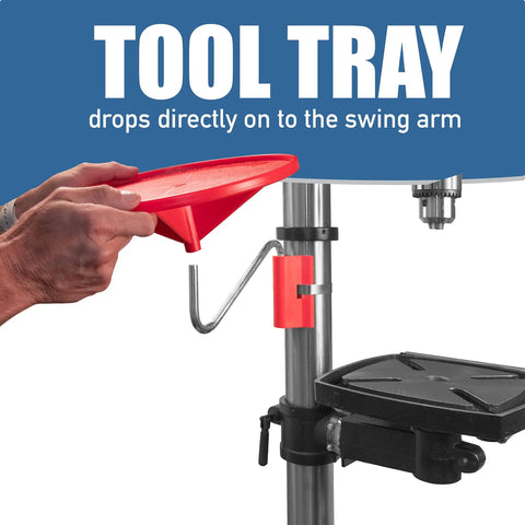 Drill Press Tool Tray With 11 Inch Diameter 360 Degree Rotating Tray Steel Swing Arm Mounting Bracket And 4 Inch Steel Band Clamp For Grab And Go Quick Bit Access And An Organized Workshop