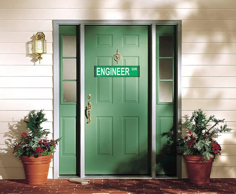 Rustic Metal Street Style Wall Decor Sign 16x4 Inch Industrial Engineering Gift For Graduation Or Office on green door