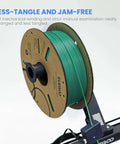 Green filament spool on 3D printer, showing less-tangle design, not related to Orange PLA Filament 1.75mm 1kg Spool For Most FDM 3D Printers