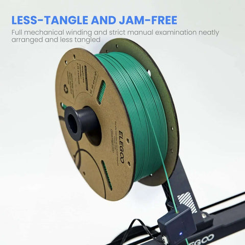 Green filament spool on 3D printer, showing less-tangle design, not related to Orange PLA Filament 1.75mm 1kg Spool For Most FDM 3D Printers