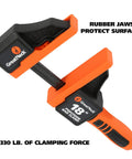 Heavy Duty Twist Lock Bar Clamps Set, 18 Inch Precision Wood Clamps, rubber jaws, orange grip, close-up view