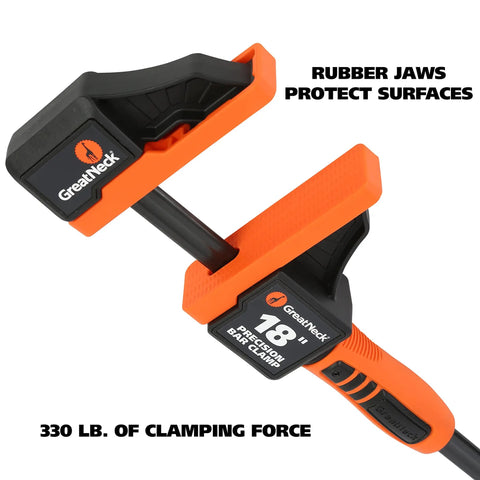 Heavy Duty Twist Lock Bar Clamps Set, 18 Inch Precision Wood Clamps, rubber jaws, orange grip, close-up view