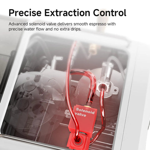 Programmable Espresso Machine With 58mm Stainless Steel Portafilter Adjustable Temperature And Cup Size Smart Display And Pressure Gauge Up To 20 Bar For Barista Grade Shots At Home showing internal solenoid valve for precise extraction control.