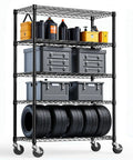 Heavy Hitter 5 Tier Wire Shelving Rack With Rock Solid Carbon Steel Frame And Smooth Rolling Casters For Garage Kitchen Pantry And Home Office Storage with storage bins and tires.