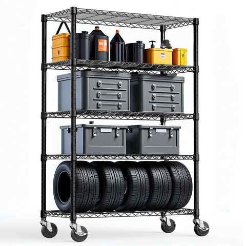 Heavy Hitter 5 Tier Wire Shelving Rack With Rock Solid Carbon Steel Frame And Smooth Rolling Casters For Garage Kitchen Pantry And Home Office Storage with storage bins and tires.
