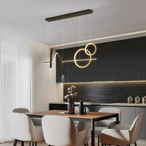Dope Modern Dimmable Pendant Light With Linear Wave LED Chandelier For Kitchen Island, Dining Room, Living Room, And Breakfast Area, Black And Gold Finish, 45W Hanging Light Fixture.