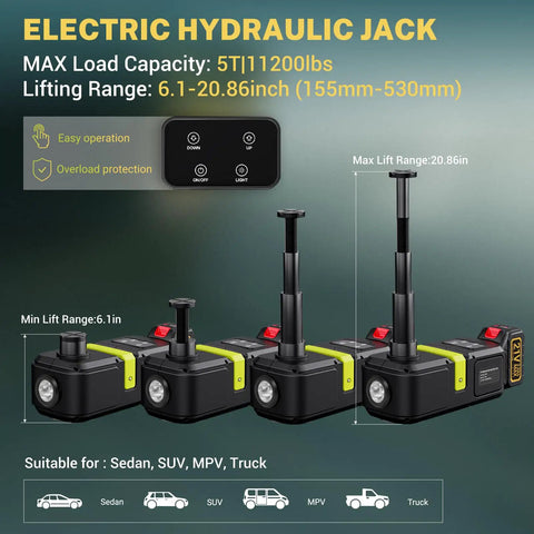 E-HELP 5 Ton Cordless Electric Car Jack Kit With Impact Wrench And Dual Lithium Batteries Powerful Hydraulic Lift For Emergency Road Repair showing maximum load and lifting range.