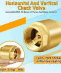Front view of Boltigen solid brass spring check valve, 1-1/2 in NPT female threads for inline water systems