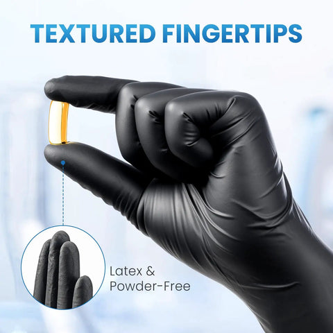 Solid Black Nitrile Gloves Large 100 Pack Heavy Duty Disposable Latex Free Powder Free Medical Exam And Food Safe Gear with textured fingertips holding a capsule.