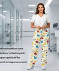 Fresh Fit Cartoon Dinosaur Print Scrub Pants For Women Wide Leg Cargo Nurse Trousers With Deep Side Pockets And Elastic Waist worn by a nurse in a hospital.