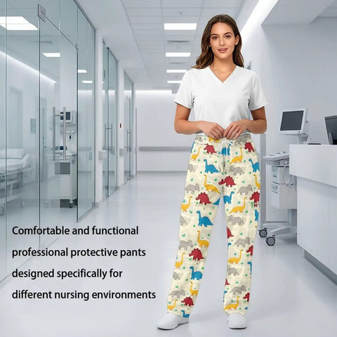 Fresh Fit Cartoon Dinosaur Print Scrub Pants For Women Wide Leg Cargo Nurse Trousers With Deep Side Pockets And Elastic Waist worn by a nurse in a hospital.