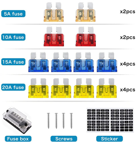 Rock Solid Six Way Fuse Block With Ground Rail Blade Fuse Panel For 12V And 24V Rides showing various fuses and accessories.