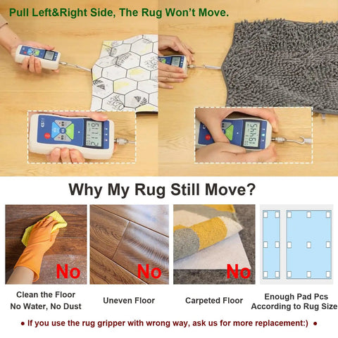 Demonstration of Anti Slip Rug Grippers For Vinyl Floors And Tile That Keep Area Rugs In Place, showing rug grip test with a meter.