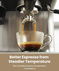 Dual Boiler Espresso Machine With Built In Grinder And 58mm Commercial Portafilter brewing espresso into a glass cup