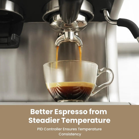 Dual Boiler Espresso Machine With Built In Grinder And 58mm Commercial Portafilter brewing espresso into a glass cup