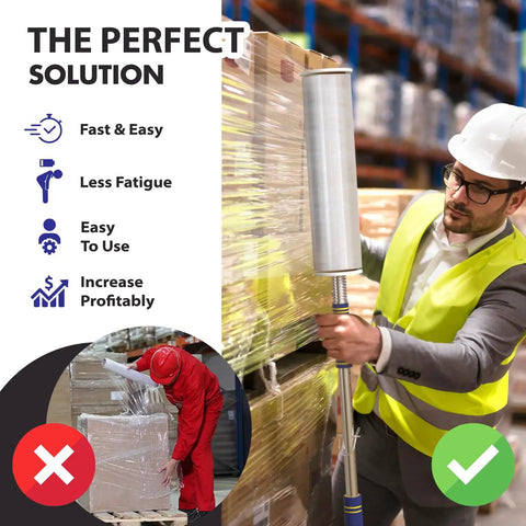 Stretch Film Dispenser Pole With Extra Long Reach For Fast Pallet Wrapping, Heavy Duty Industrial Handle Lets You Wrap 12 To 24 Inch Pallets Top To Bottom, Fits 2 To 3 Inch Core Rolls, Effortless, Efficient, No Bend Operation on warehouse pallet