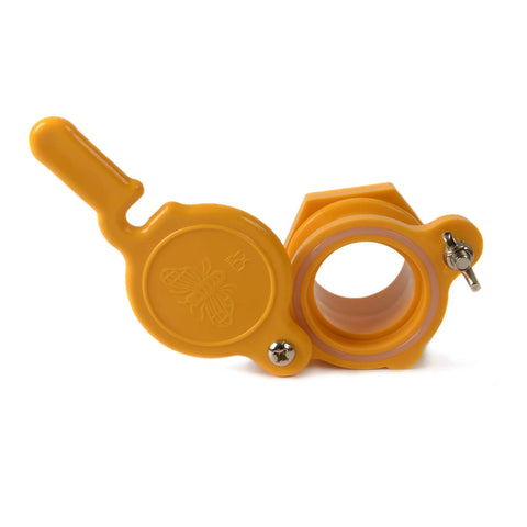 Yellow honey gate valve with stainless wing nut for 5-gallon buckets, open view, 2 Pack Honey Gate Valve For 5 Gallon Buckets Durable Nylon Tap.
