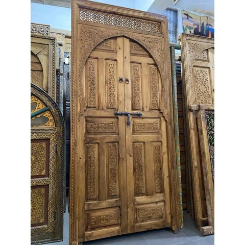 Rustic Carved Barn Door For Interior Or Exterior, Wooden Door With Sliding Or Hinged Setup, Custom Size Made To Order, shown upright