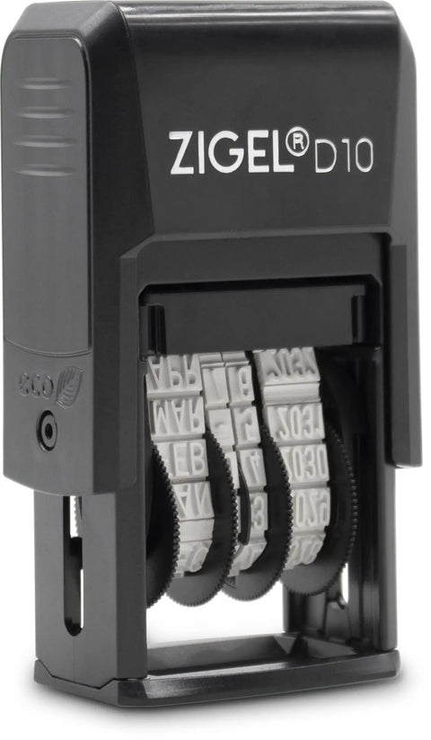 Top Tier Self Inking Date Stamp With Smooth Rotating Wheels And Refillable Red Ink Pad Built Tough, side view showcasing rotating wheels.