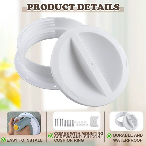 Dual Size Wall Mount Connector for Portable AC Exhaust Hose with silicone cushion ring, screws, and wall plugs.