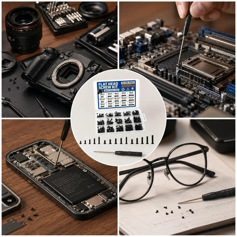 Heavy Duty Laptop And PC Screw Kit With 450 Pieces In 15 Common Sizes Including M2 M2.5 And M3 Flat Heads built tough carbon steel, flat head screws and tools visible.