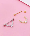 Gold Glitter CZ V-Shape Nipple Ring Set Dope 16G Five Eighth Inch Barbell Tongue Ring 4mm Ball Stainless Steel Jewelry