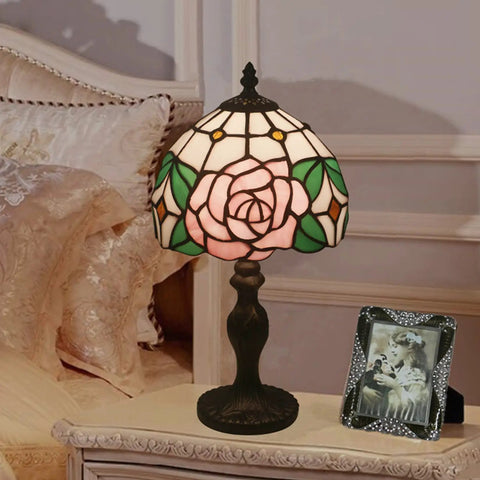 8 Inch Tiffany Style Pink Rose Table Lamp For Girl Bedroom Bedside Nightstand Decor Stained Glass Lamp With Bronze Vintage Base Romantic Gift For Girlfriend Or Lover Cozy Accent Lighting