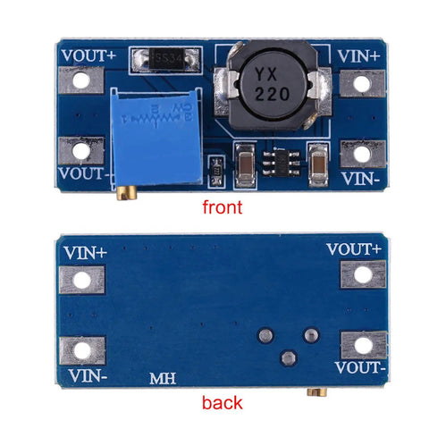 DC To DC Boost Converter Module With Adjustable Output 2V To 28V, 2 Amp High Efficiency Power Supply For Battery Projects And DIY Gadgets, Solar And Camping Gear, Tiny 36 By 17 By 14 Mm. front and back view
