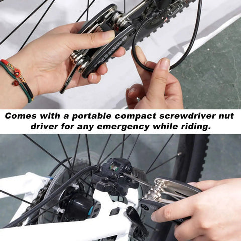 Hands using All In One Bike And Motorcycle Repair Tool Kit 16 In 1 Multi Tool on bike wheel