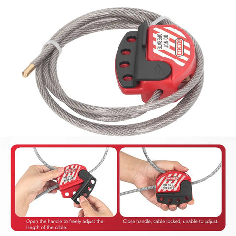 Tagout Cable Lockout Device With Multi Hole Design for 1.8m Long 6mm PVC Cable, red and black with handle instructions
