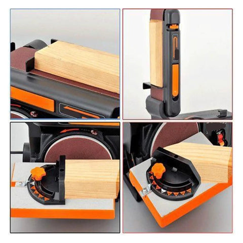 Heavy Duty Desktop Belt Sander With Brushless Motor For Wood Grinding Polishing And Finishing Dual Sanding Disc System showing adjustable angles with wood block.